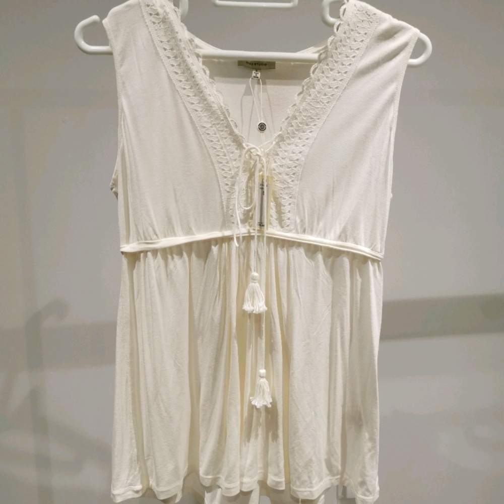 New Max Studio sleeveless tassel tie top in ivory